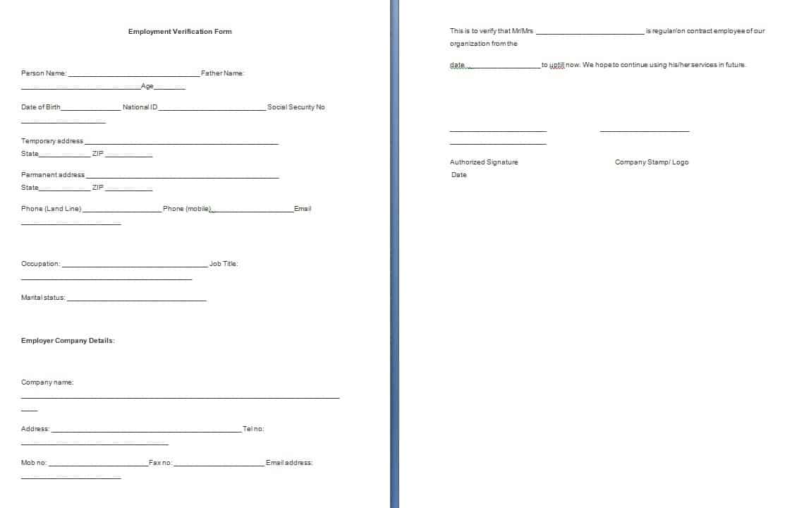 Employment Verification Form Template Sample Templates