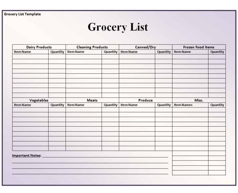 Grocery List Template - Free Formats Excel Word